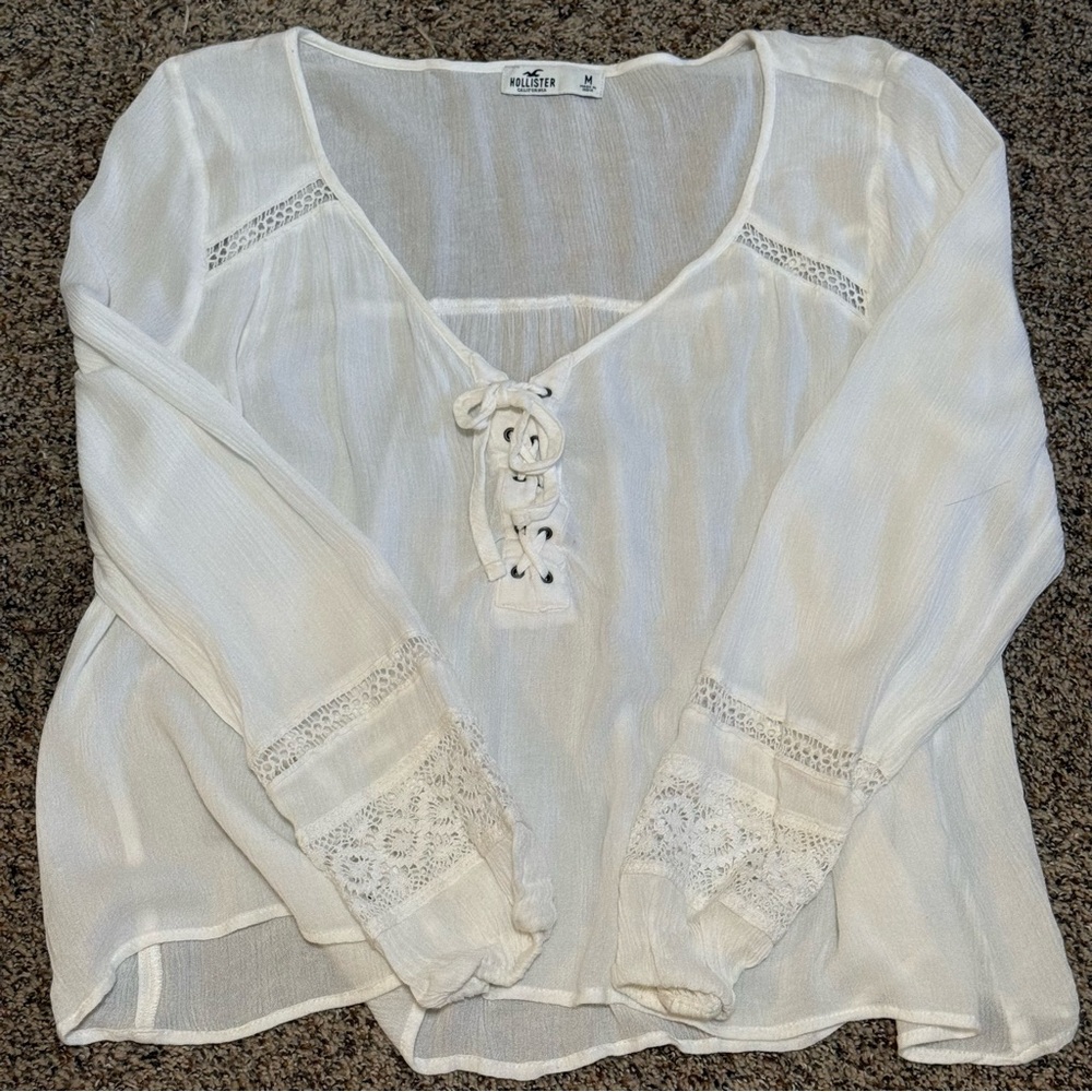 HOLLISTER white lace-up boho peasant blouse crochet lace trim womens MEDIUM